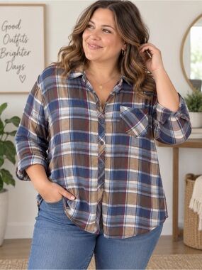 Bit & Bridle Plaid Button-Up Shirt in Blue and Brown XL